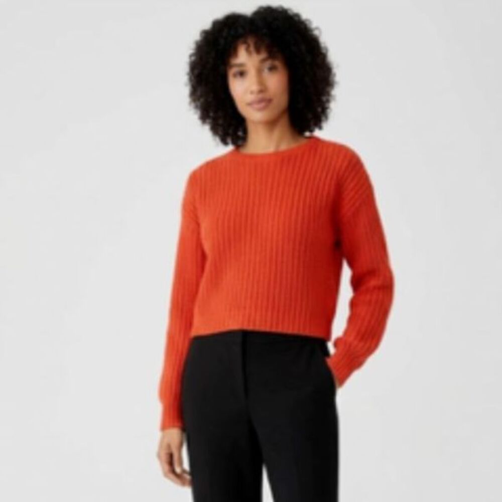 Eileen Fisher NWOT Orange Chunky Shaker Knit Round-Neck LS Pullover Sweater Sz M
